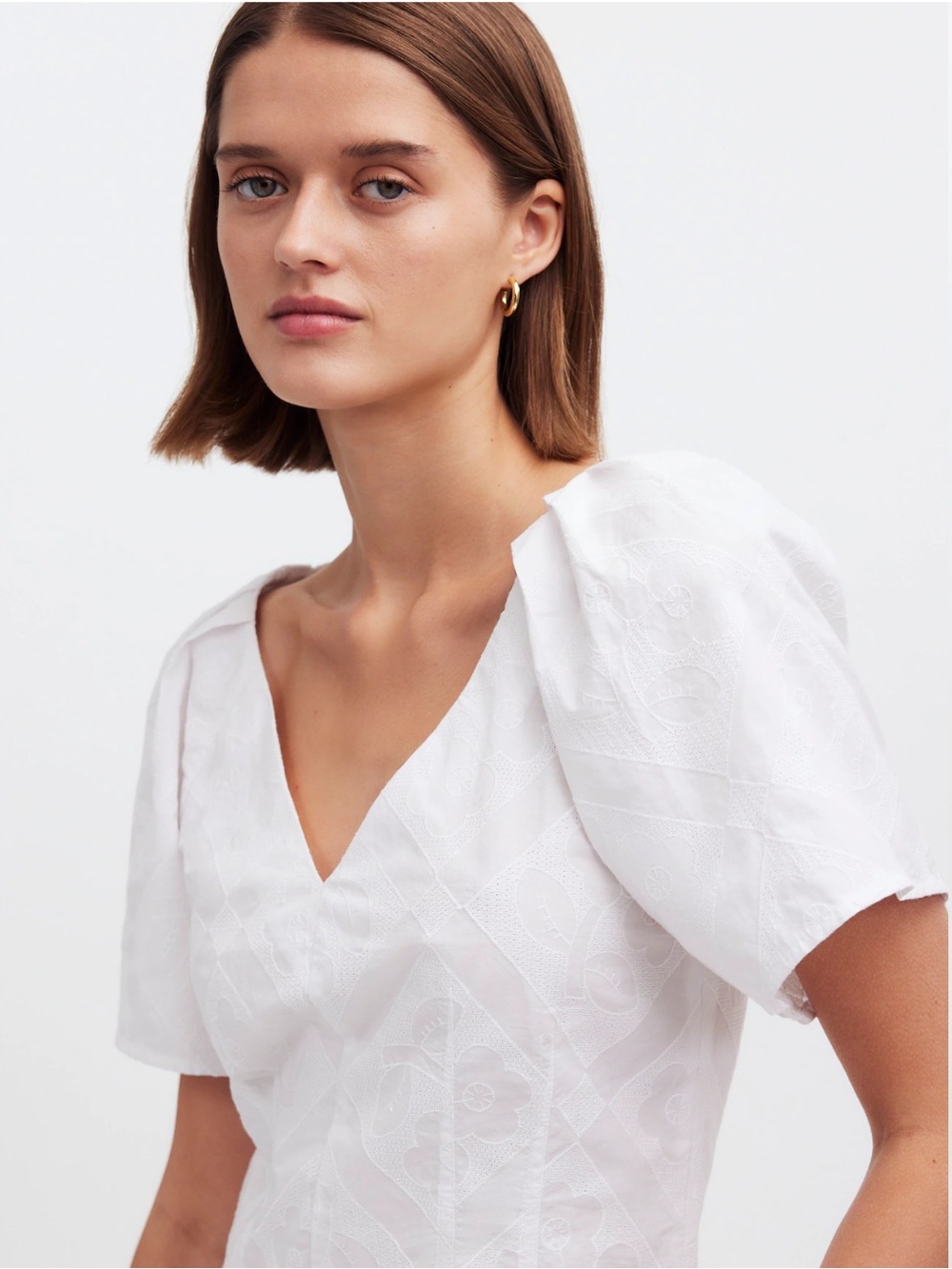 Madewell White V-Neck Puff Sleeve Blouse